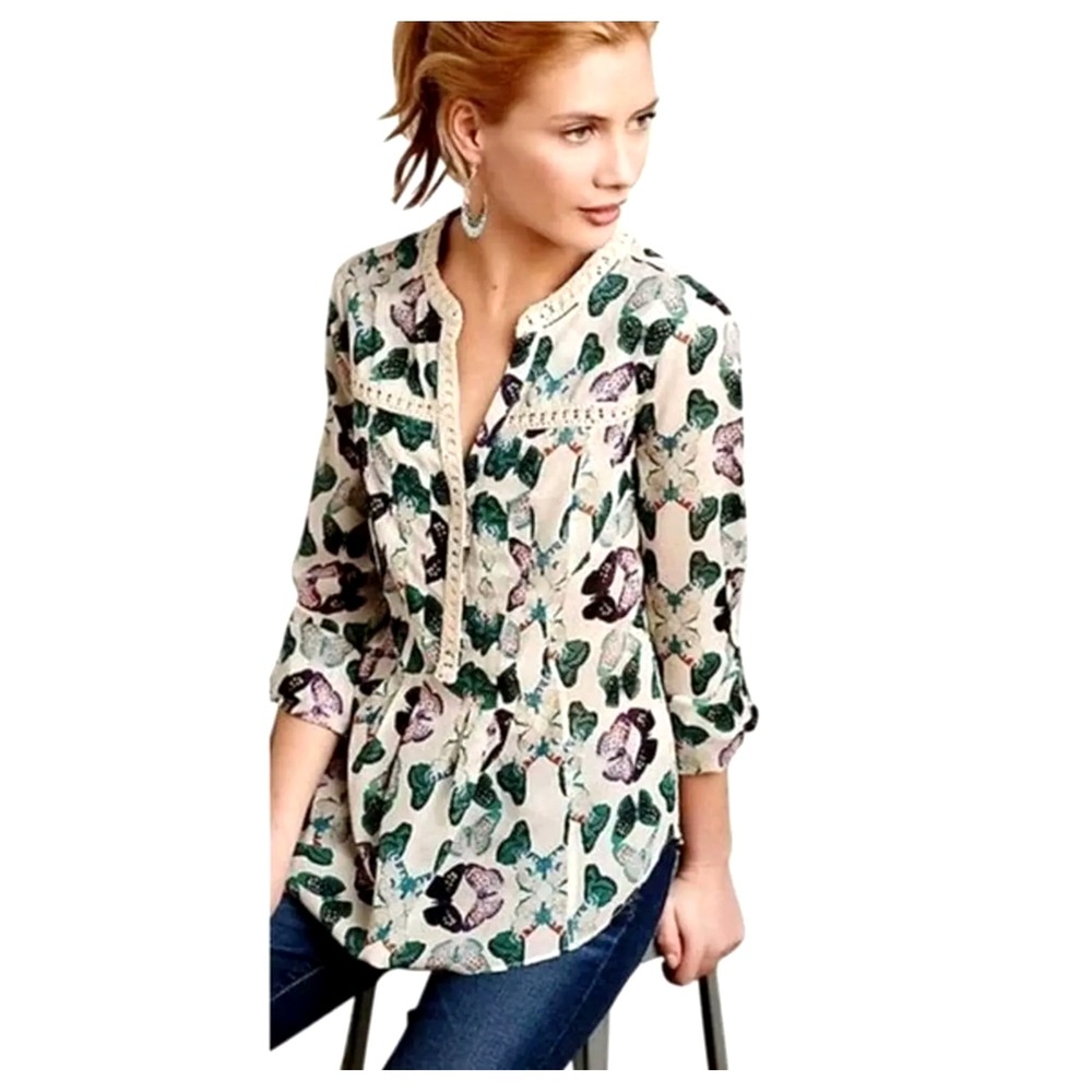 Maeve Butterfly Print Blouse - Cream and Green